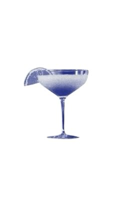 a blue cocktail glass with a slice of lemon on the rim, against a white background