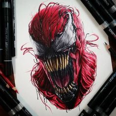 a drawing of an evil clown with sharp teeth