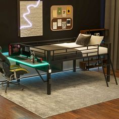 a computer desk sitting on top of a wooden floor next to a chair and table