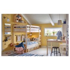 a bedroom with yellow walls and bunk beds