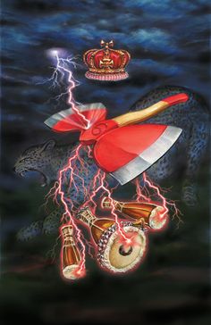 a painting of an animal with lightning coming out of it's mouth and two hats on its back