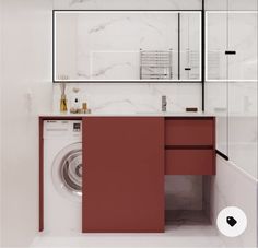 a washer and dryer in a white bathroom with red cabinetry on the wall