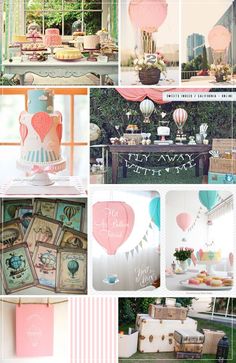 a collage of photos with hot air balloons, cake and other things in it