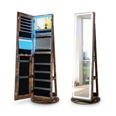 a tall mirror sitting next to a wooden shelf