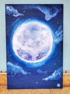 a painting of a full moon in the night sky with stars and clouds painted on it