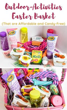 a basket filled with lots of different items and text that says outdoor activities easter basket