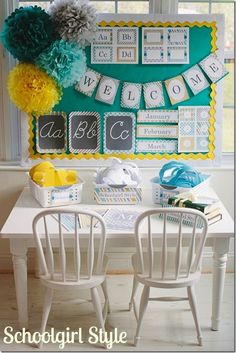 a table with two chairs and a sign on the wall above it that says welcome