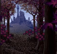 an image of a castle in the woods with trees and flowers around it at night