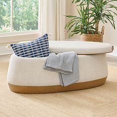 a living room with a white couch and potted plant on the floor next to it