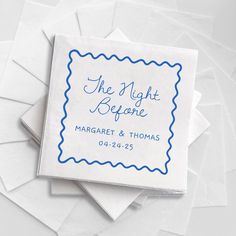 personalized napkins with blue scalloped border on white paper for the night before