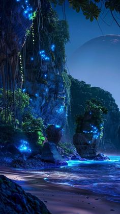 an animated scene with blue lights on the water and rocks in the foreground at night