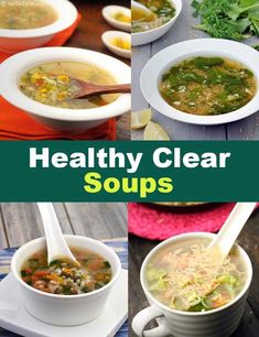 healthy clear soups in white bowls with spoons