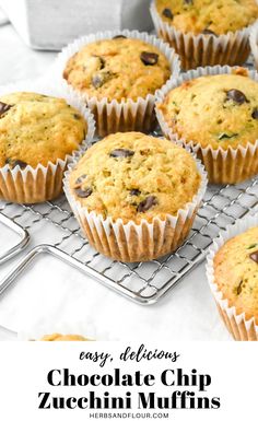 chocolate chip zucchini muffins on a cooling rack with text overlay