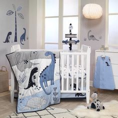 metal crib with bumper Baby Boy Shower Gift Ideas, Dinosaur Nursery Ideas, Dinosaur Crib Bedding, Boy And Girl Room, White Dinosaur, Dino Nursery, Dinosaur Bedding