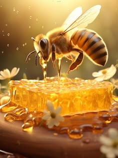 a honeybee is getting ready to drink from a beehive with honey in the foreground