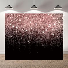 an abstract pink and black background with white stars on the top, in front of three lamps