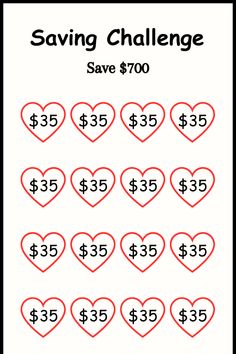 a valentine's day savings sheet with hearts and the words saving challenge save $ 700