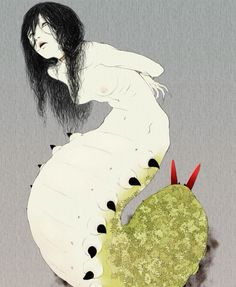 a drawing of a woman sitting on top of a green plant with long black hair