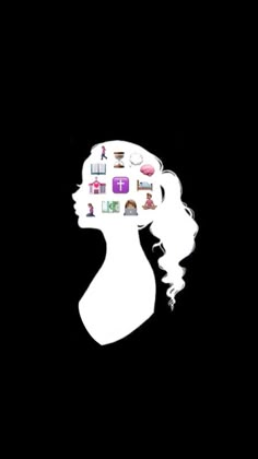 the silhouette of a woman's head with many icons on her forehead, against a black background