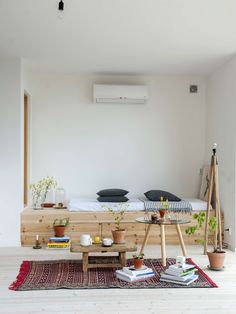 a living room filled with lots of furniture and plants on top of a rug in front of a bed