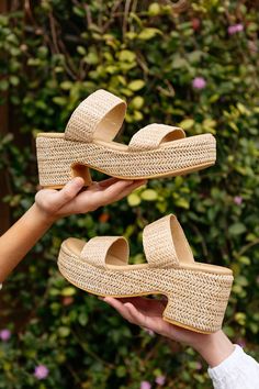 We promise this will be your favorite new shoe! This Ocean Ave Platform Sandal give you all the height of a wedge without the pain. This 3 inch platform shoe is made of a raffia top, has a padded sole, and easily pairs with almost anything! These shoes run whole sizes only so size up if you are in between. raffia upper synthetic lining man made sole heel height: 3" padded footbed fits true to size, size up if in between Coconut Aesthetic, Tan Platform Sandals, Recruitment Outfits, Platform Shoe, Romantic Summer, Shoe Fits, Linen Set, Fashion Baby, Light Tan