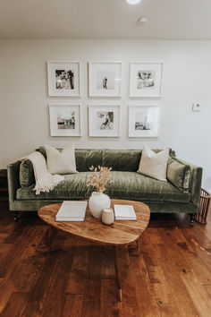 Green velvet sofa with an organic shaped coffee table. Above sofa, there are several photos. Transitional Sofa, Rowe Furniture, Local Furniture, Beautiful Sofas, Vintage Living Room, Entertainment Furniture, Mattress Store, Luxury Sofa, Velvet Upholstery