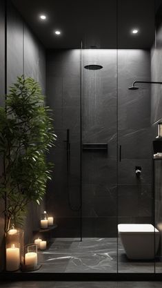 a modern bathroom with candles and a plant in the corner, along with a walk - in shower