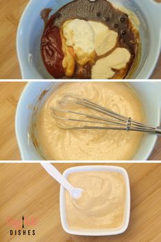 there are three pictures showing how to make batter