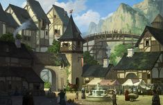 an animated city scene with people walking around and buildings in the foreground, mountains in the background