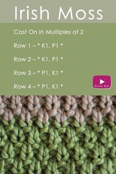 the irish moss crochet stitch pattern is shown in green and beige, with text that