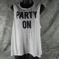 Chaser "Party On" Jersey Graphic Tank Muscle Tee T Shirt New With Tag White With Black Print "Party On" Women's Size Medium The Party On Muscle Tank By Chaser Features A Super Soft Distressed Cotton Blend Fabrication In A Sleeveless Style. This Item Is Slightly Sheer, So Be Sure To Pair It With Your Favorite Bralette. Relaxed Fit. Hand Wash Cold. 50% Cotton/50% Polyester. Made In Usa. Stock Photos. If You Want To See Pics Of The Item, Please Request Them From Us Prior To Purchasing. Colors May A Sleeveless Text Print T-shirt For Summer, Stretch T-shirt With Letter Print For Party, Stretch Crew Neck Top For Party, Party Top With Stretch And Crew Neck, Casual Summer Party Tops, Summer Crew Neck Tank Top With Letter Print, Trendy Crew Neck Tank Top For Night Out, Summer Party Shirt With Stretch, Summer Party Stretch Shirt