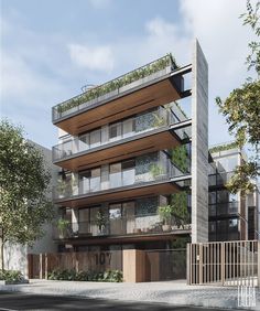 an apartment building with balconies and plants on the balconyes is shown in this rendering