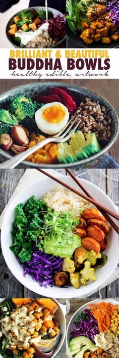 buddha bowls with chopsticks and vegetables in them