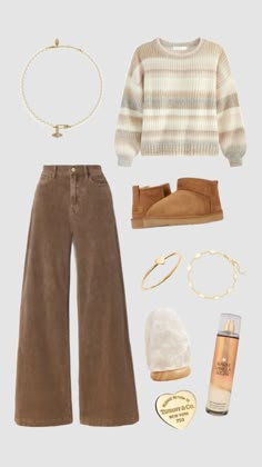 a woman's outfit including boots, sweater and bracelets is shown in this image