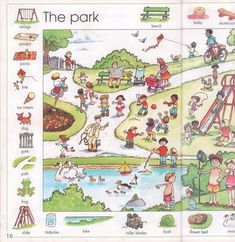 an open children's book with pictures of people in the park