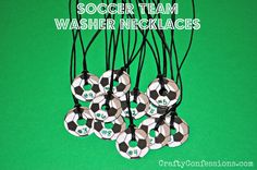 soccer team washer necklaces on a green background with the words, soccer team washer necklaces