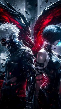 two anime characters standing next to each other in front of a dark and red background