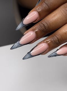 Jade Almond Acrylic Nails, French Tip Art Designs, Cute Long Almond Nails, Creative Nail Designs Unique, Long Almond Nail Ideas, Round Stiletto Nails, Grey And Black Nails, White Gel Polish, Wife Nails