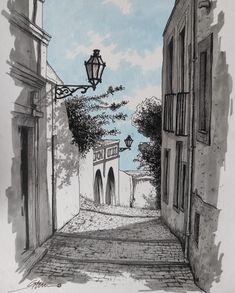 a drawing of an alley way with a lamp post