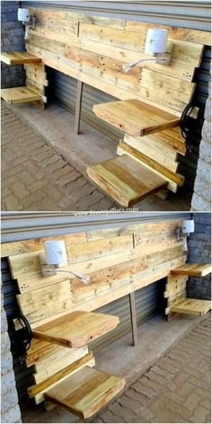 two pictures of benches made out of pallet wood and one has a cup on it