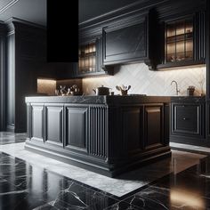 a kitchen with black cabinets and marble flooring in an elegant style home or business setting