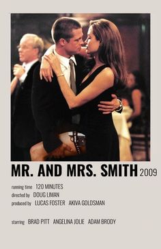 the poster for mr and mrs smith is shown in front of two people hugging each other