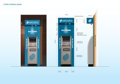 a blue and white atm machine next to a tall wooden pole with information on it