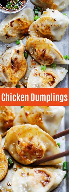 chicken dumplings with dipping sauce and chopsticks on the side, ready to be eaten