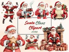 santa claus clipart set with different poses and christmas decorations, including gifts, presents, etc