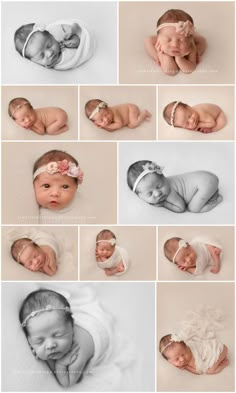 multiple photos of newborn babies in different positions and sizes, all with their hands on their heads