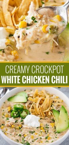 creamy crockpot white chicken chili is an easy and delicious side dish that's ready in under 30 minutes