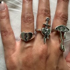 3 Silver Tone Rings Size 7 Gay Rings, Edgy Heart-shaped Silver Jewelry, Silver Chunky Rings, Silver Sterling Silver Punk Rings, Vintage Sterling Silver Heart Ring, Silver Punk Rings For Streetwear, Vintage Silver Hallmarked Heart Ring, Industrial Ring, Chunky Silver Rings