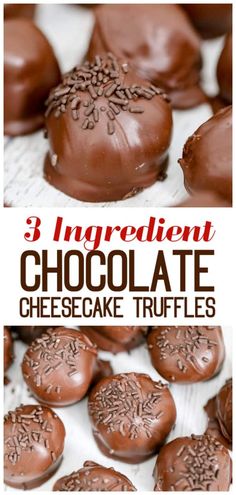 chocolate cheesecake truffles with text overlay that reads 3 ingredient chocolate cheesecake truffles