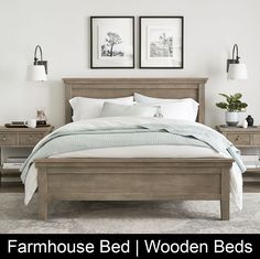 a bed with two pictures above it and the words farmhouse bed / wooden beds below